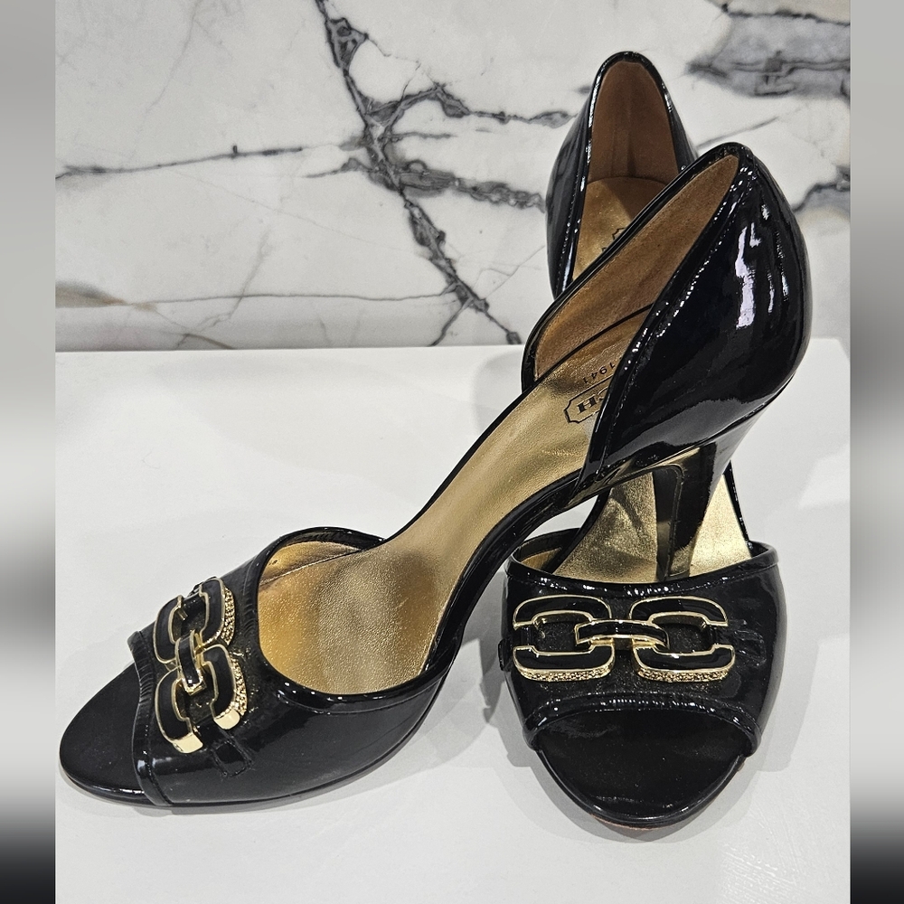 Authentic Coach Black and Gold Belinda Open Toe Heels Pumps US 7.5B - Picture 6 of 11